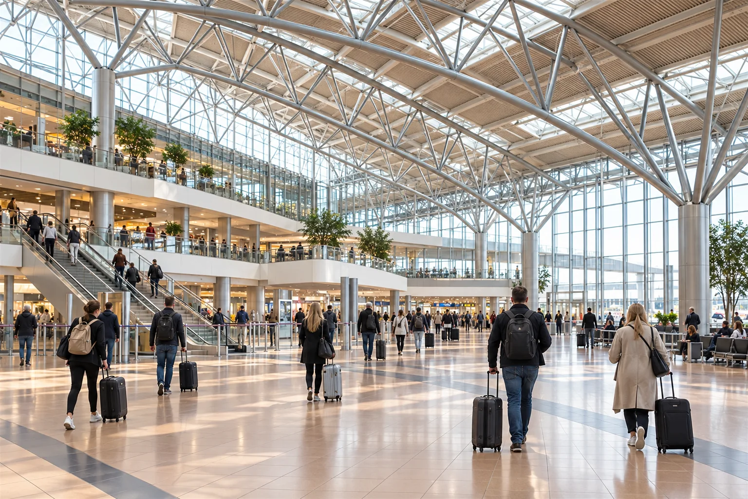 Travellers inside Hamburg Airport terminal